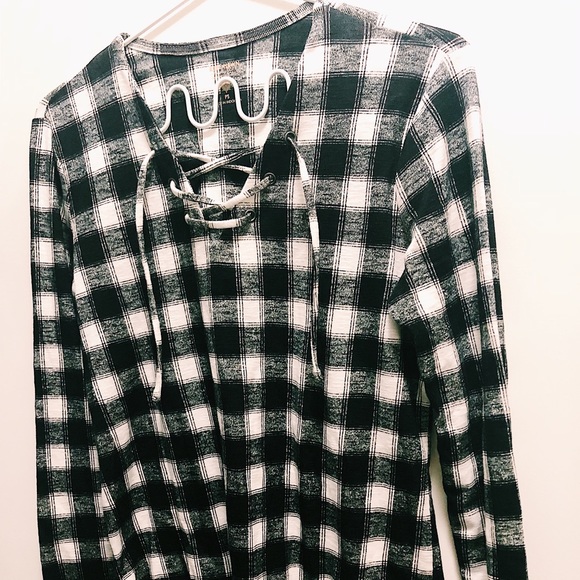 3/$10 SALE! Plaid Shirt Black and White Lace Up - Picture 6 of 7